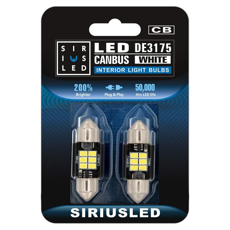 SIR IUS LED SIRIUSLED Super Bright 3020 Chipset Canbus Error Free LED Festoon Bulbs for Car Interior Lights License Plate Dome 1.25â€ 31MM Festoon 3175 DE3175 6000K White Pack of 2 - Image 1